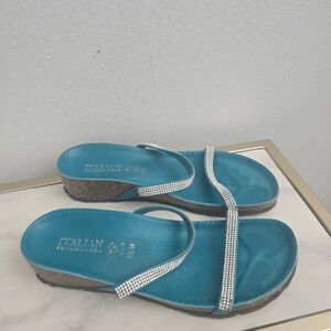 Italian Shoemakers Teal Suede Rhinestone Wedge Sandals Size 7.5 M